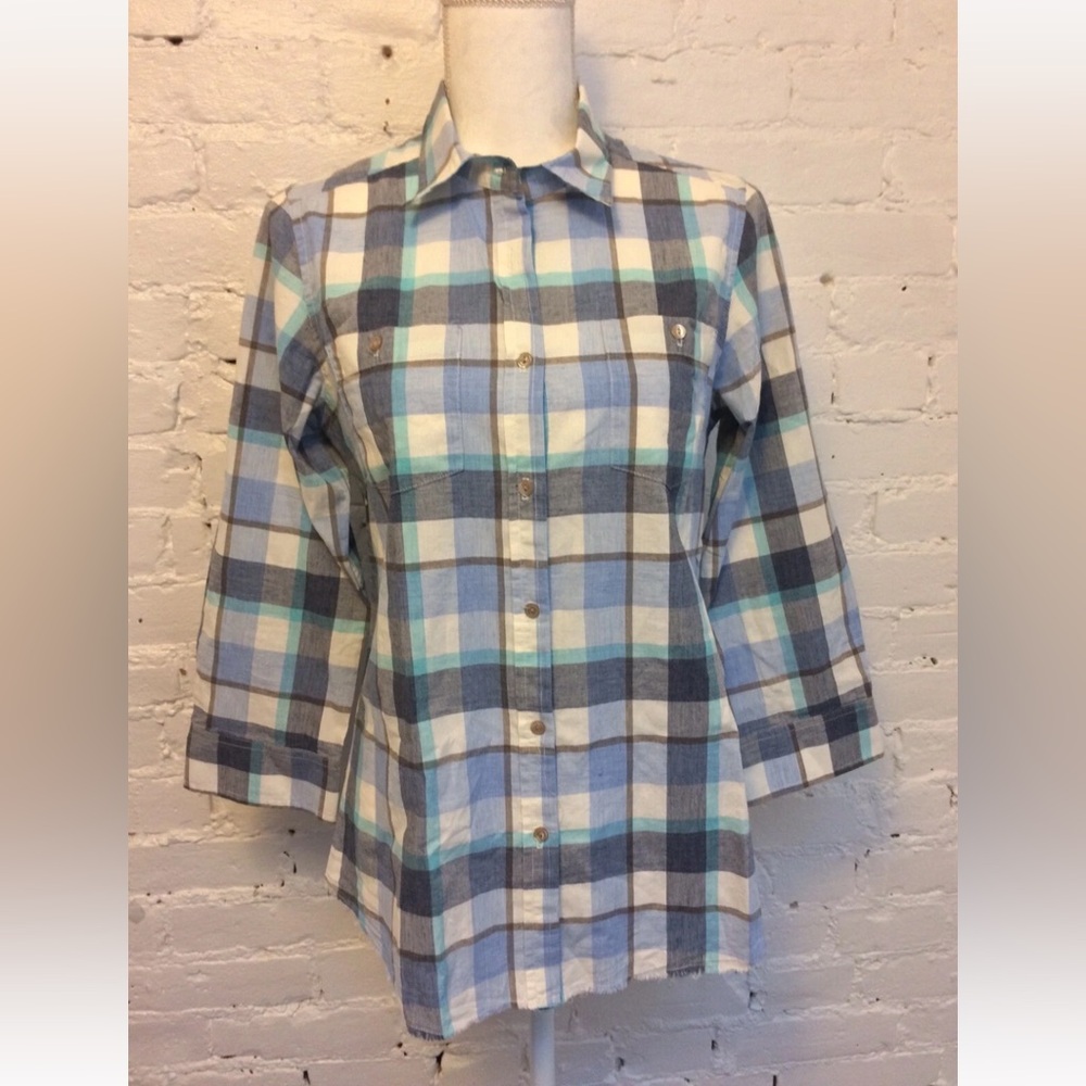 NSF raw hem button up shirt green plaid size m